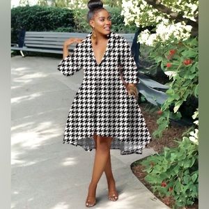 Houndstooth Turn-down Neck Wrist Sleeve Big Swing Blouse Shirt Style Dress